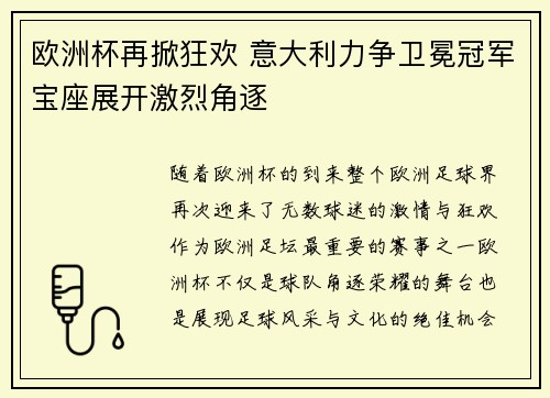 欧洲杯再掀狂欢 意大利力争卫冕冠军宝座展开激烈角逐 欧洲杯再掀狂欢 意大利力争卫冕冠军宝座展开激烈角逐