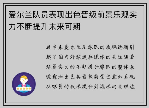 爱尔兰队员表现出色晋级前景乐观实力不断提升未来可期
